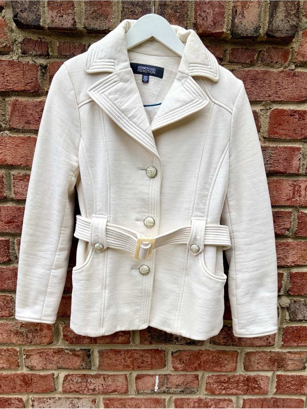 Kenneth Cole Reaction Cream Structured Belted Peacoat